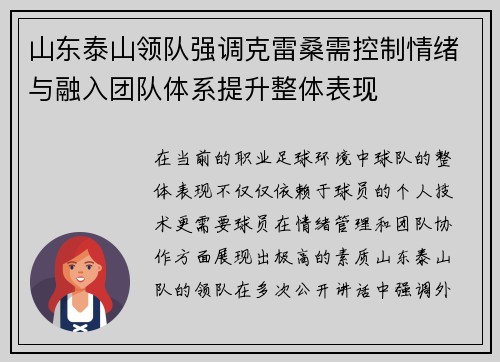 山东泰山领队强调克雷桑需控制情绪与融入团队体系提升整体表现