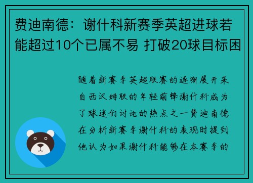 费迪南德：谢什科新赛季英超进球若能超过10个已属不易 打破20球目标困难