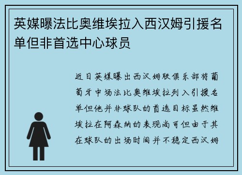 英媒曝法比奥维埃拉入西汉姆引援名单但非首选中心球员
